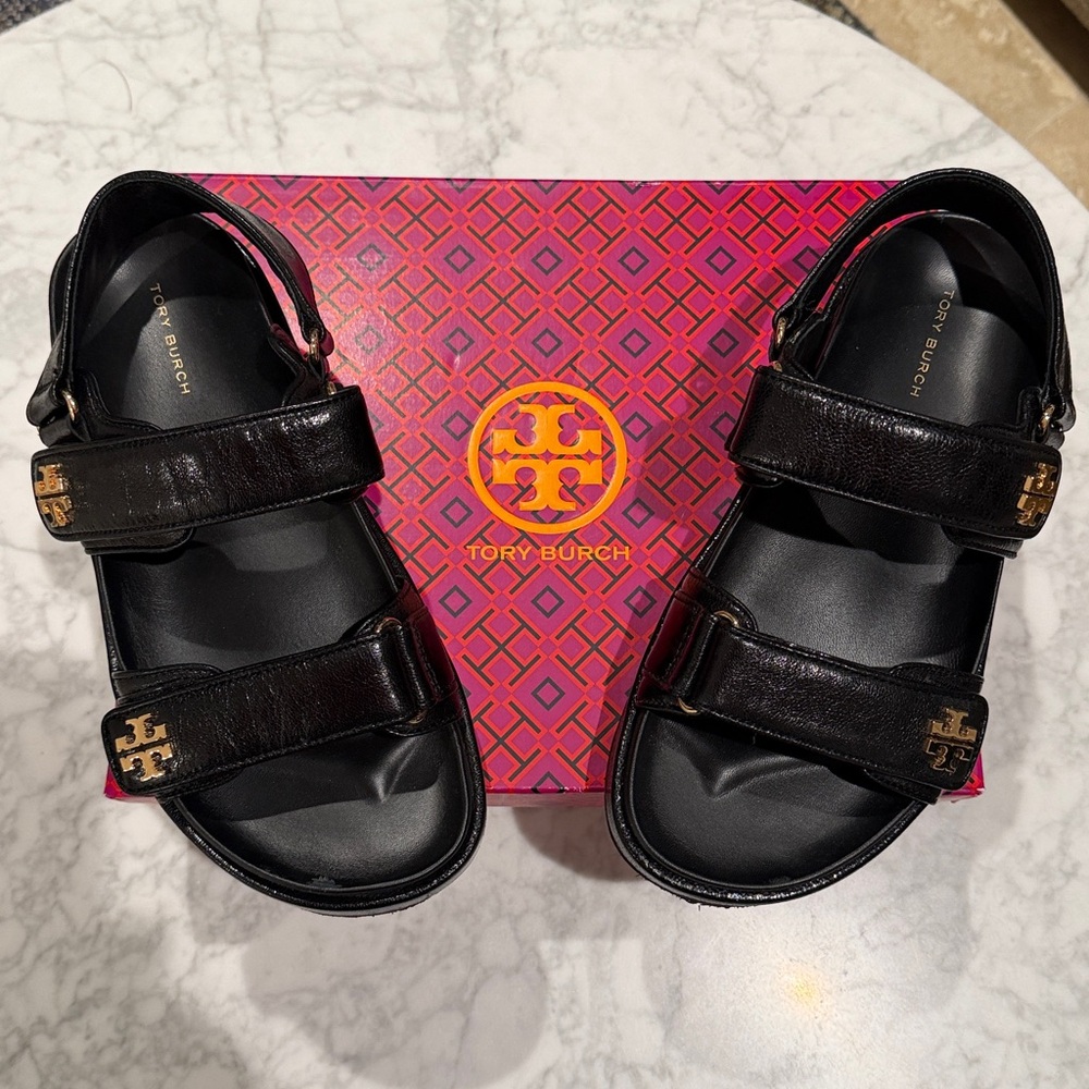 Tory Burch Black Leather Kira Sport Double Strap Logo Sandals 7.5 - Picture 7 of 7